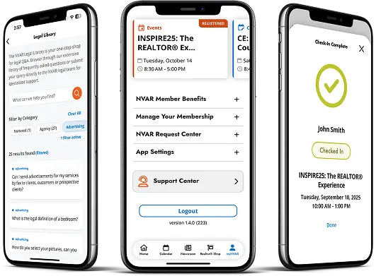 3 mobile phone showing profile, legal library and event check-in screens