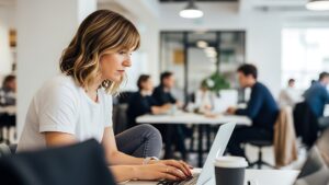 woman in a coffee shop sits and works on content creation from her laptop