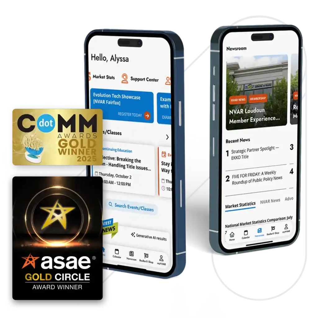 2 mobile app screens with award icons for dot comm gold and asae gold circle